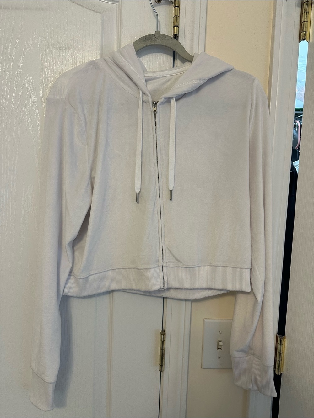 White Aerie Cropped Zip Hoodie with Drawstring Hood